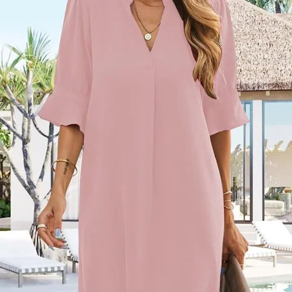 Shift Dress for Women V Neck Short Sleeves Solid Color Casual Flowy Summer Dress - Picture 4 of 7